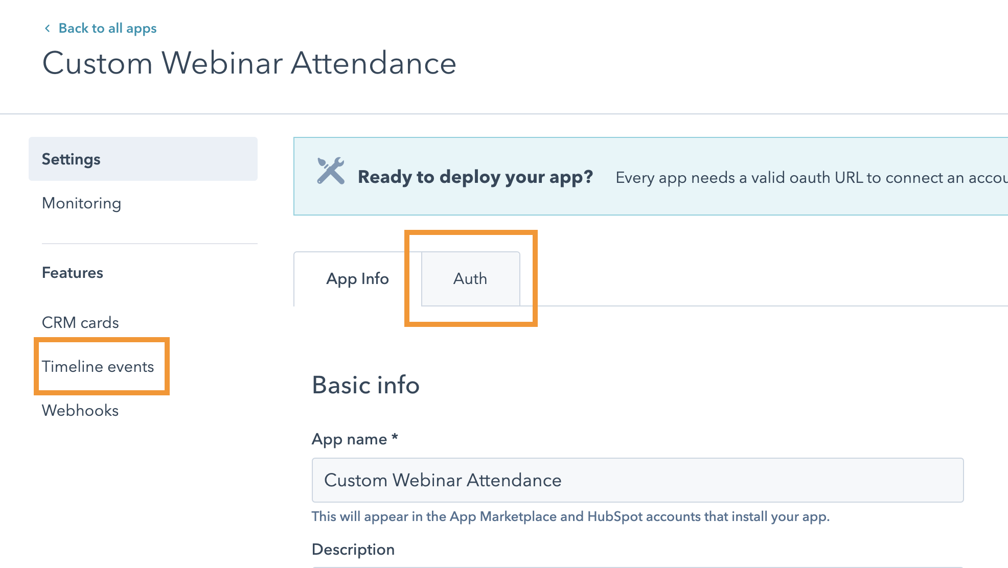 HubSpot app auth and timeline highlight